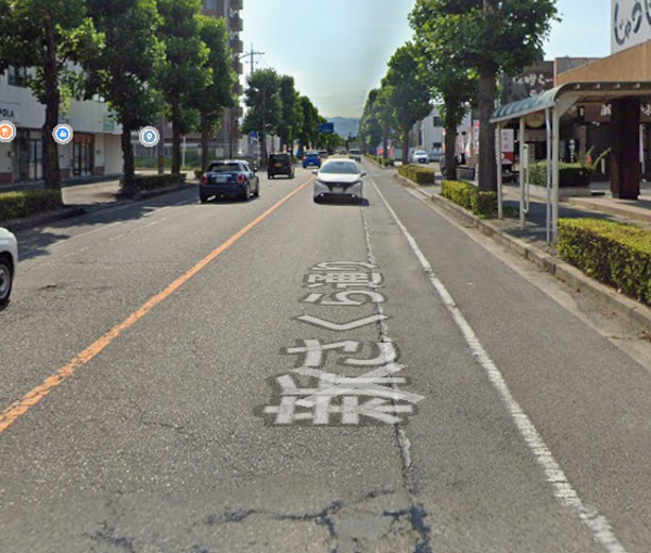 進行方向の左側歩道を真っ直ぐ進む。