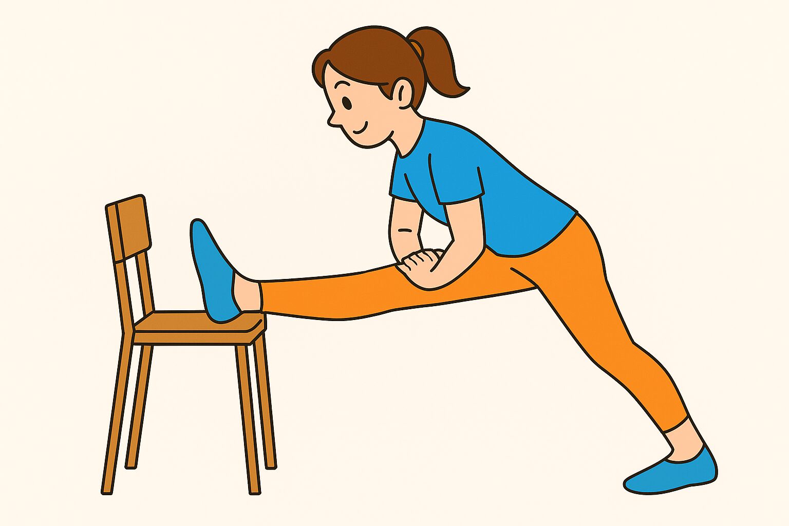 椅子を使って裏ももを伸ばす女性イラスト