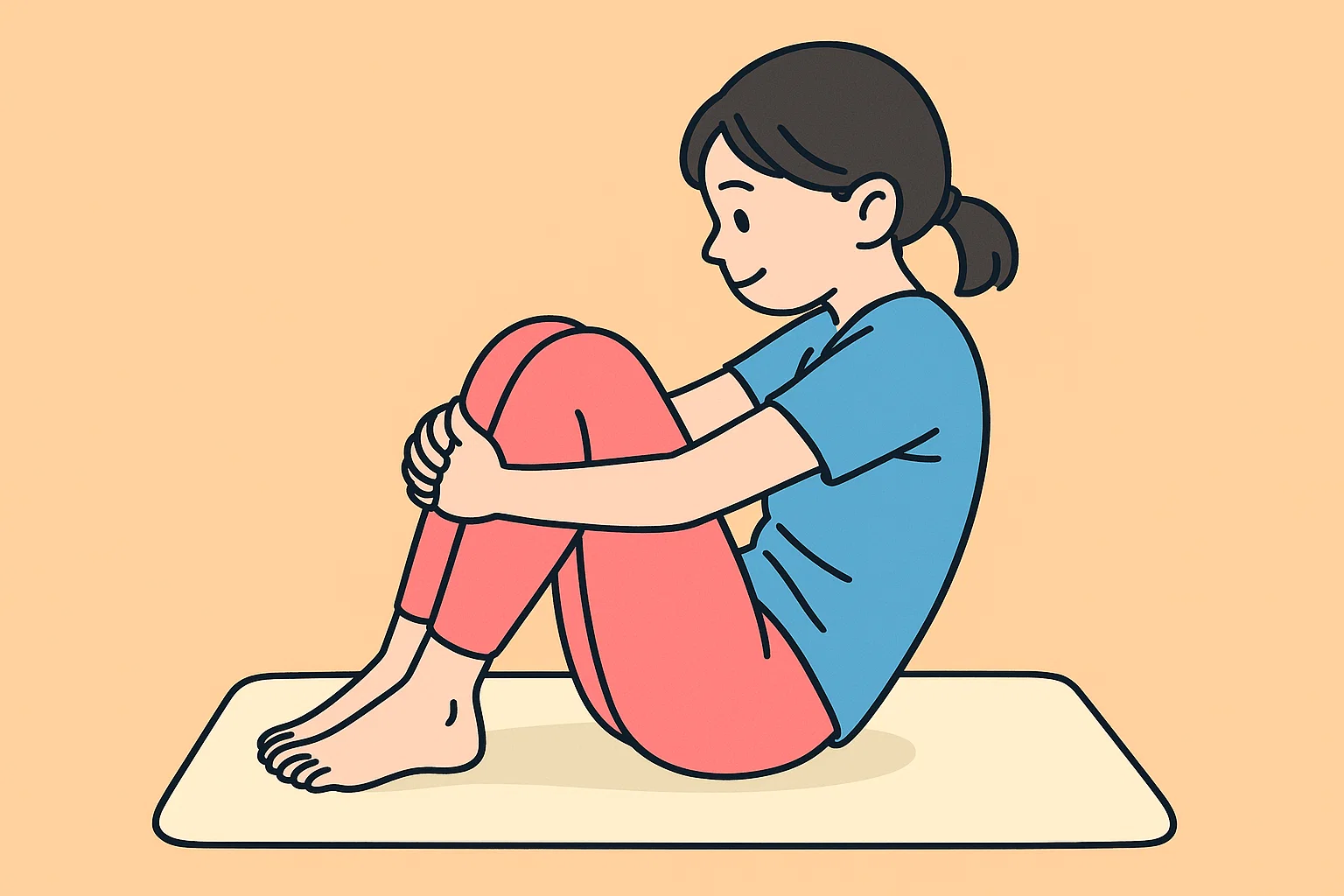 腰を丸める運動をする女性イラスト