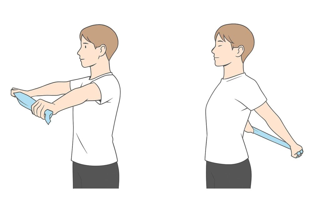 タオルで筋トレをしている男性のイラスト