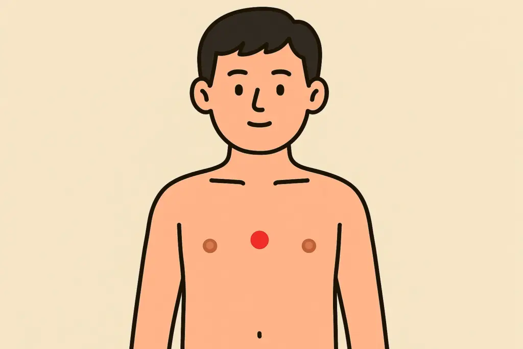 膻中(だんちゅう):左右の乳首を結ぶ線の中央にあるツボの位置