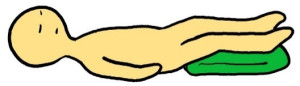 仰向けで寝て膝下に枕やタオルを挿入して膝を曲げて腰の負担を軽減させる姿勢